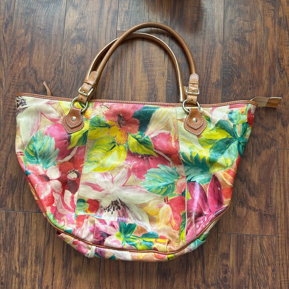 Maurizio Taiuti Tote Bag Womens Large Floral Print Genuine Leather Made in Italy